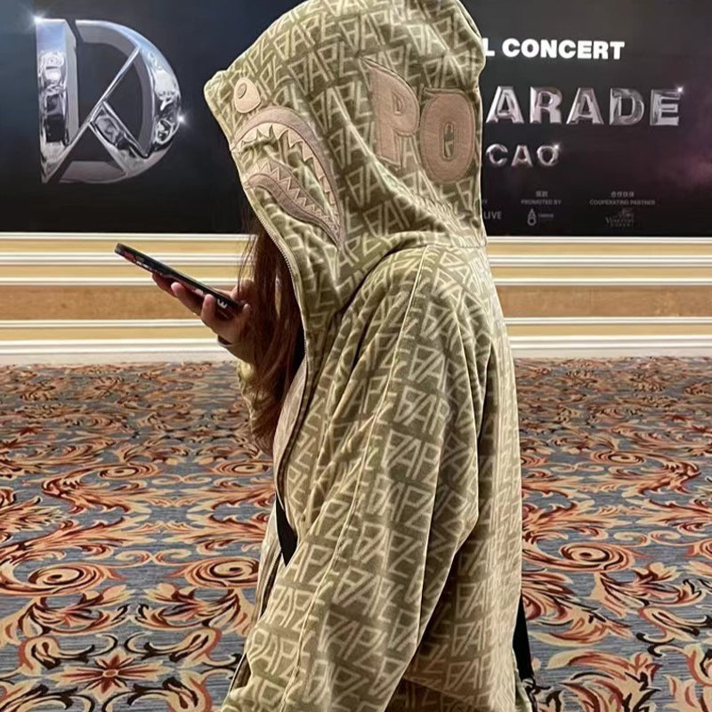 Bathing Ape Hoodie Shark Jacket Men's Autumn and Winter Cardigan Zip Khaki Hooded Sweater