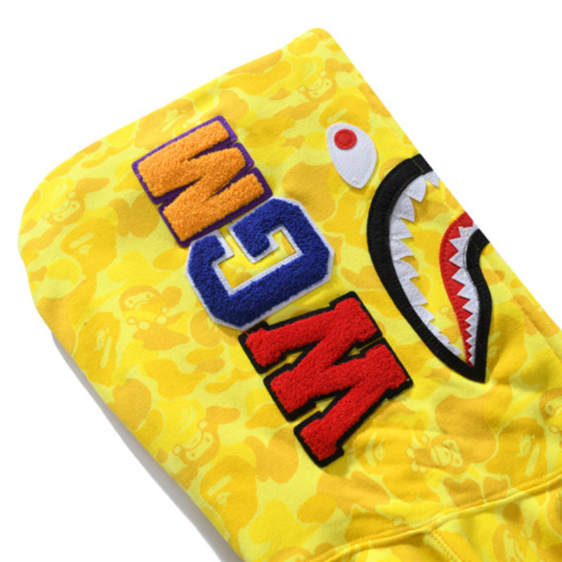 Bathing Ape Hoodie Shark WGM Letter Print Camo Yellow Hooded Cardigan Sweater Jacket