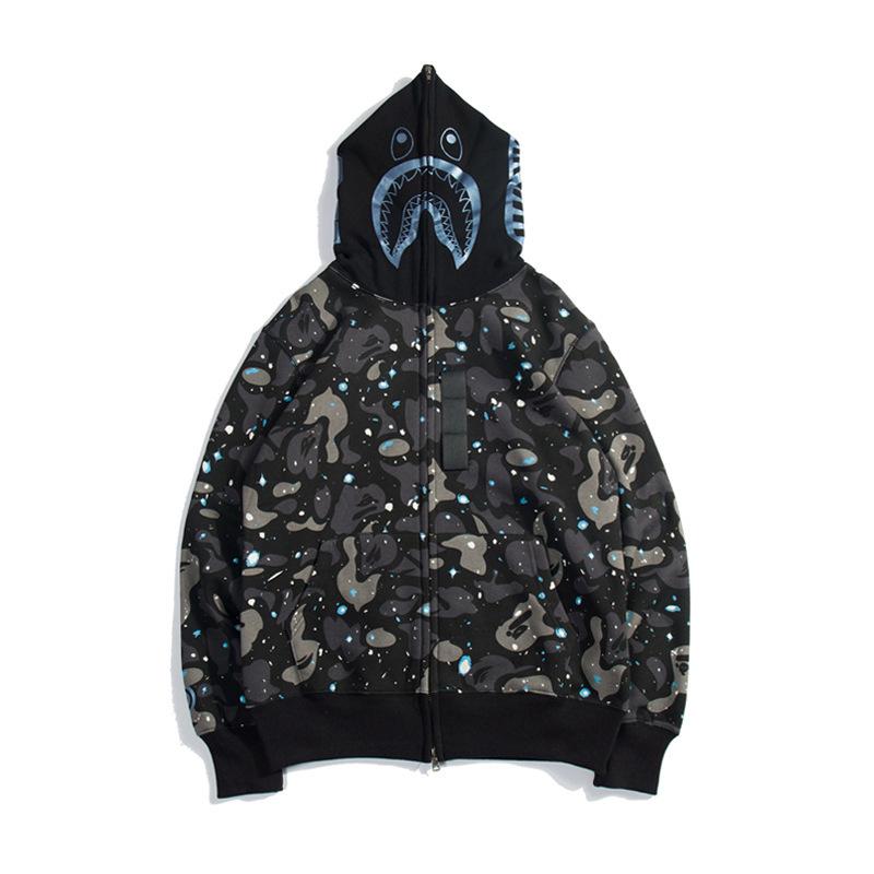 Bathing Ape Hoodie Starry Sky Sweater Black and White Starry Sky Blue Shark Hat Printed Casual Hooded Sweater