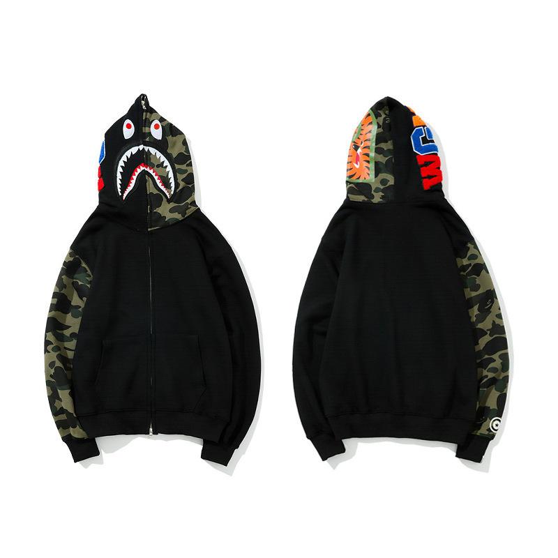 Bathing Ape Hoodie Printed Head Embroidered Green Camouflage Stitching Zipper Sweater Coat Men's Hip Hop