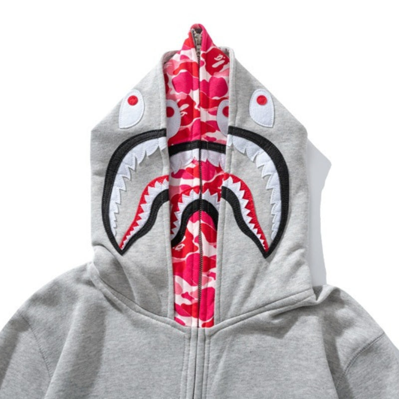 Bathing Ape Hoodie Shark Double Hat Embroidered Zip Sweater Casual Loose Hooded Jacket