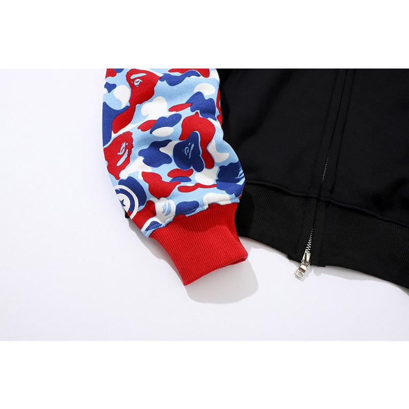 Bathing Ape Hoodie Printed Head Embroidered Green Camouflage Stitching Zipper Sweater Coat Men's Hip Hop