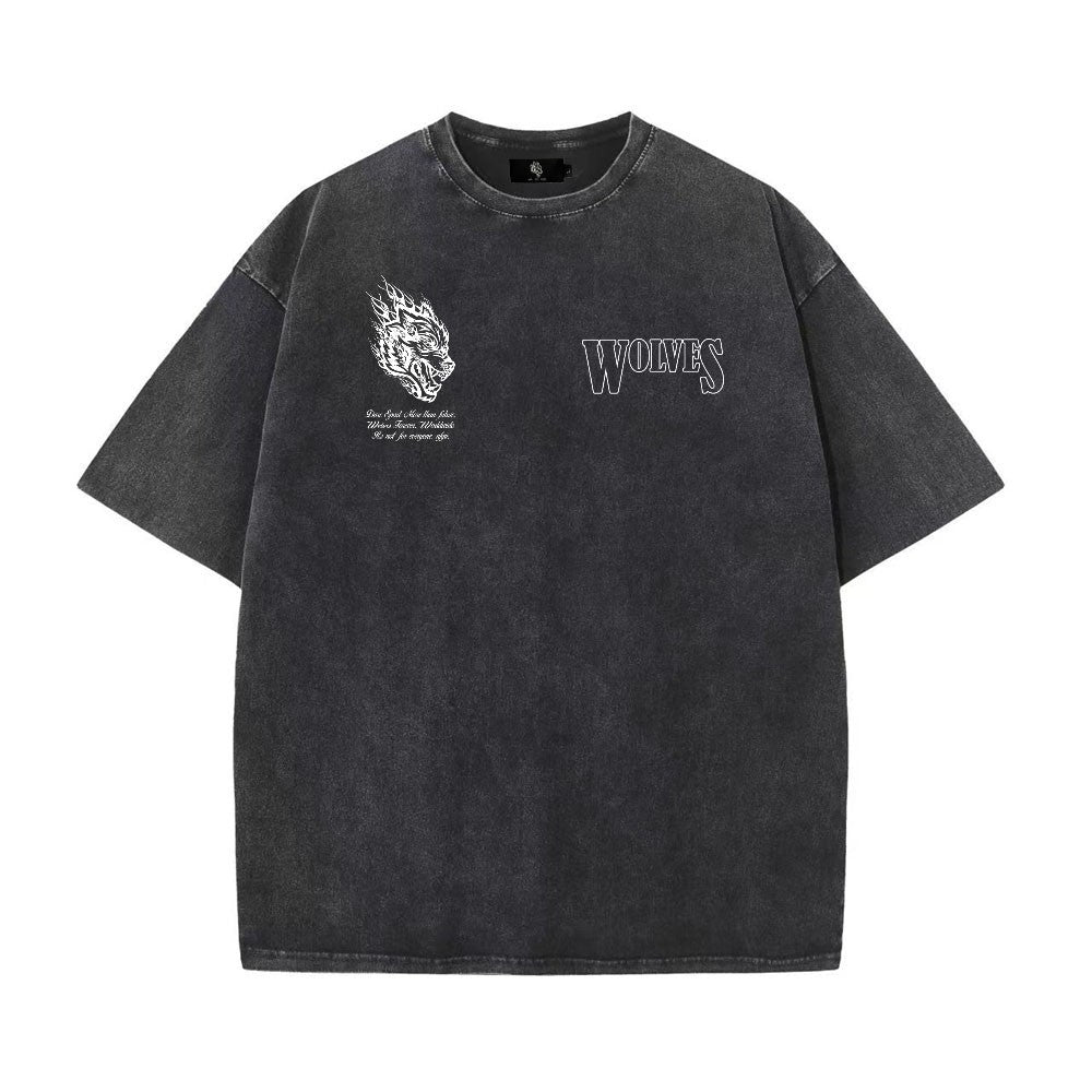 DARC WOLVES Hip Hop Washed Black T-Shirt Streetwear