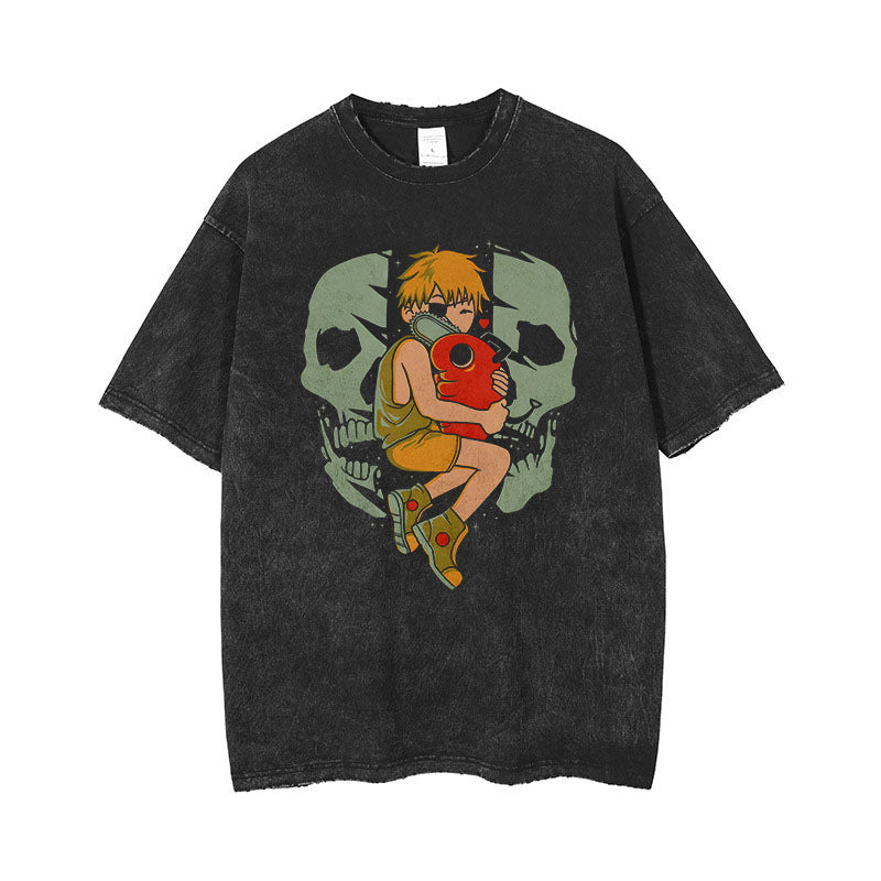 Anime Chainsaw Man Acid Tshirt Retro Vintage Washed