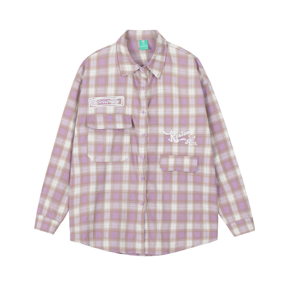 Men Long Sleeved T Shirt Plaid Letters Embroidered Shirt Coat Ins Leisure Cargo