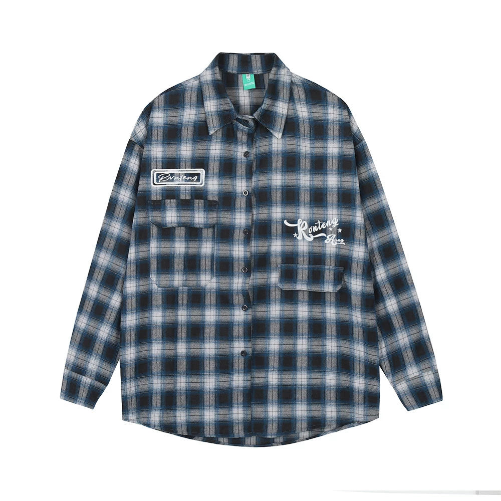 Men Long Sleeved T Shirt Plaid Letters Embroidered Shirt Coat Ins Leisure Cargo
