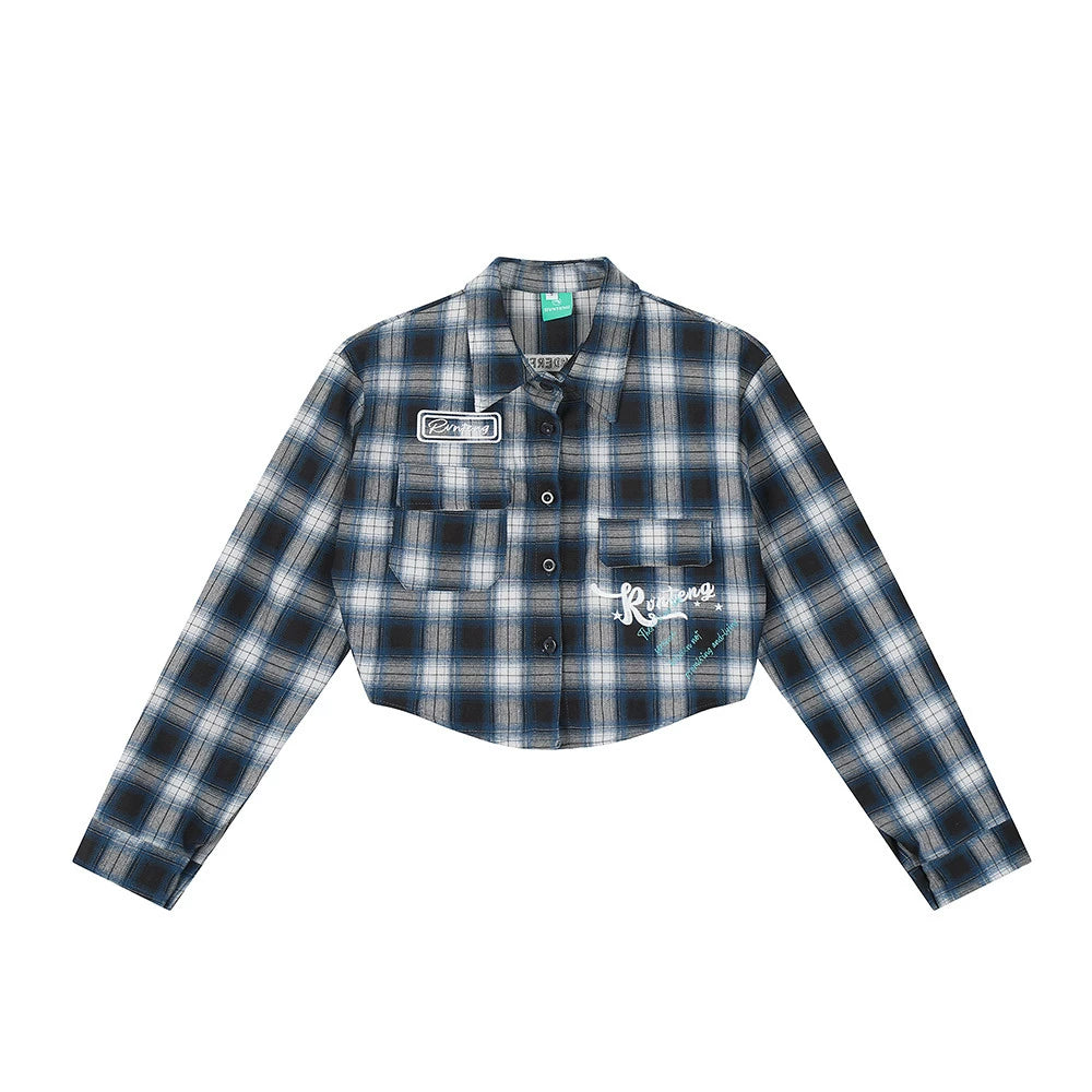 Men Long Sleeved T Shirt Plaid Letters Embroidered Shirt Coat Ins Leisure Cargo