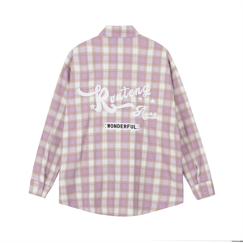 Men Long Sleeved T Shirt Plaid Letters Embroidered Shirt Coat Ins Leisure Cargo