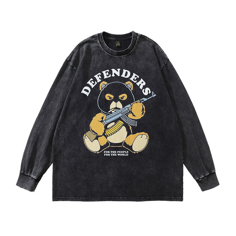 Men Long Sleeve Shirt Printed Heavy Washing Long Sleeve T-shirt Men and Women Street Trendy Brand Distressed