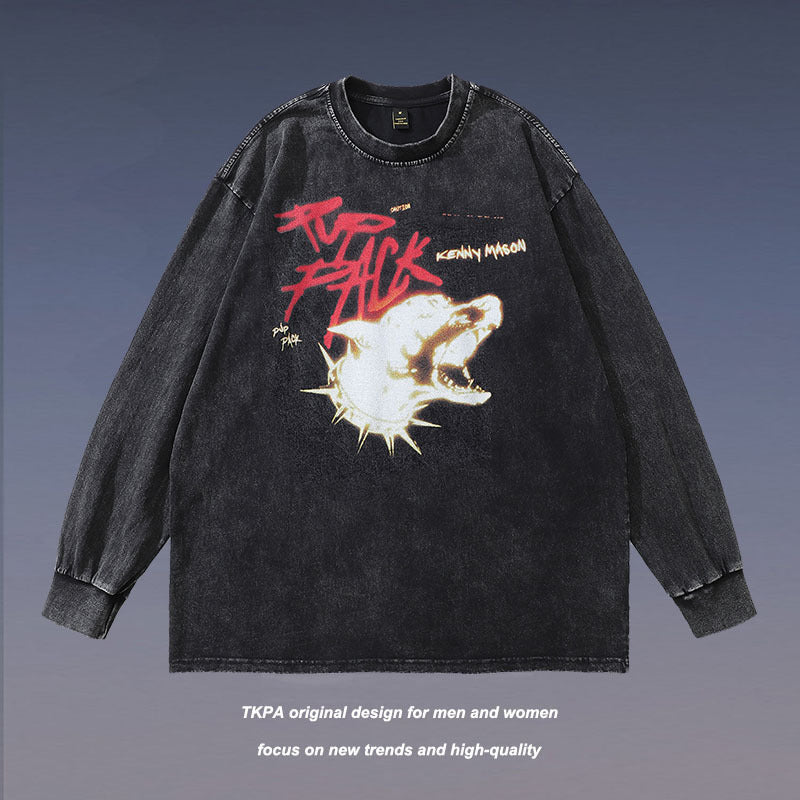 Men Long Sleeve Shirt Printed Heavy Washing Long Sleeve T-shirt Men and Women Street Trendy Brand Distressed