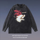 Men Long Sleeve Shirt Printed Heavy Washing Long Sleeve T-shirt Men and Women Street Trendy Brand Distressed