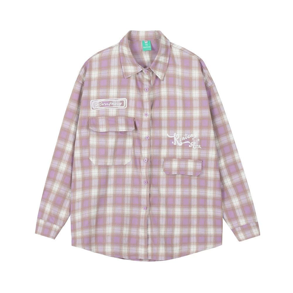 Men Long Sleeved T Shirt Plaid Letters Embroidered Shirt Coat Ins Leisure Cargo
