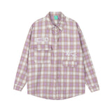Men Long Sleeved T Shirt Plaid Letters Embroidered Shirt Coat Ins Leisure Cargo