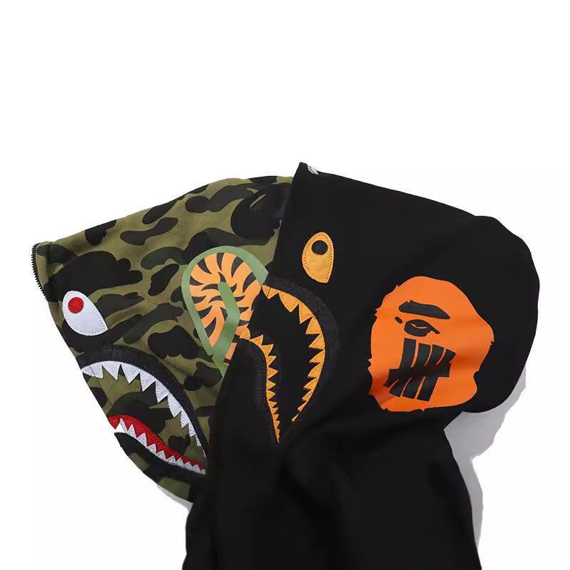 Bathing Ape Hoodie Camouflage Shark Double Hat Jacket Men's Autumn and Winter Cardigan Zipper Embroidered Hooded Sweater