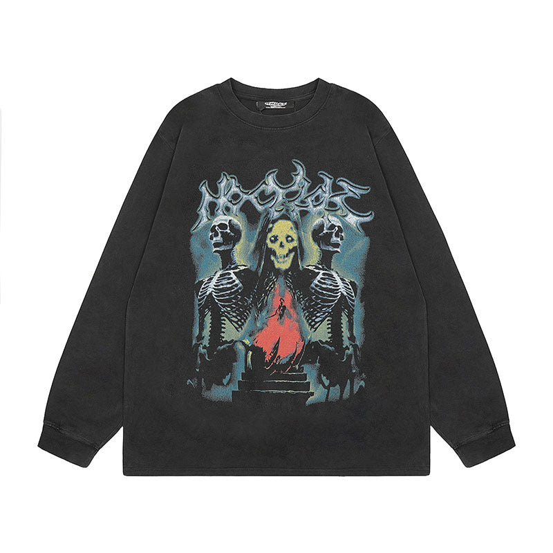 Men Long Sleeve Shirt Vintage Printed Wash Long Sleeve Bottoming T-shirt Men and Women All-Matching Top