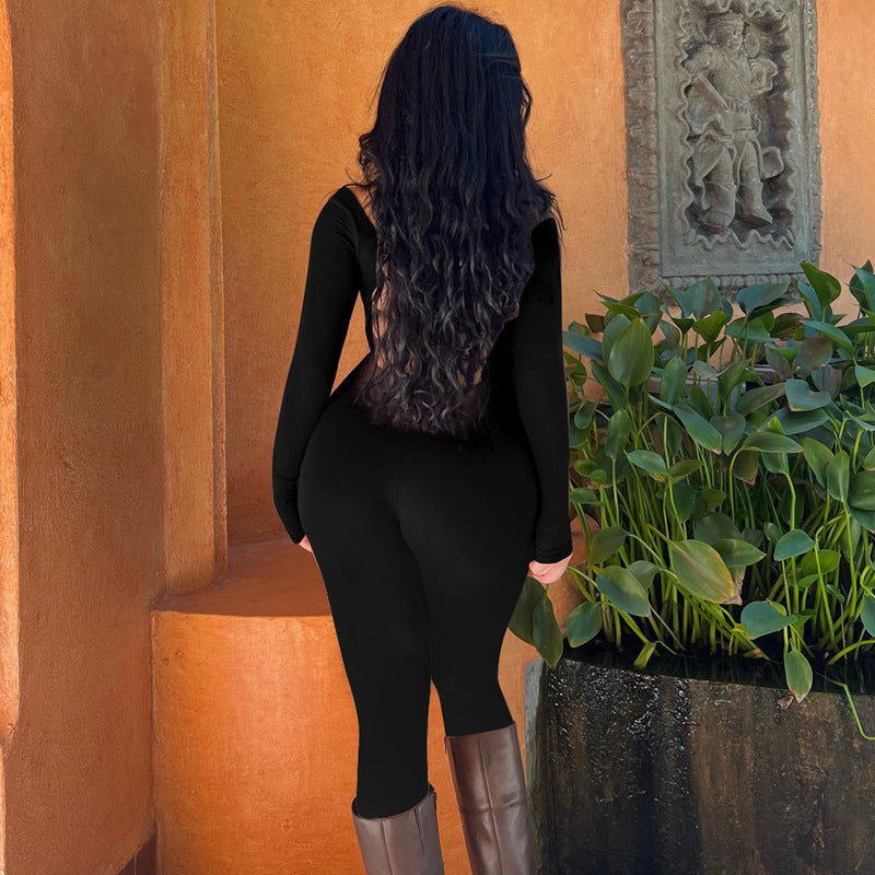 Women Jumpsuit Tight Long Sleeve Solid Color Sports Fitness Jumpsuit