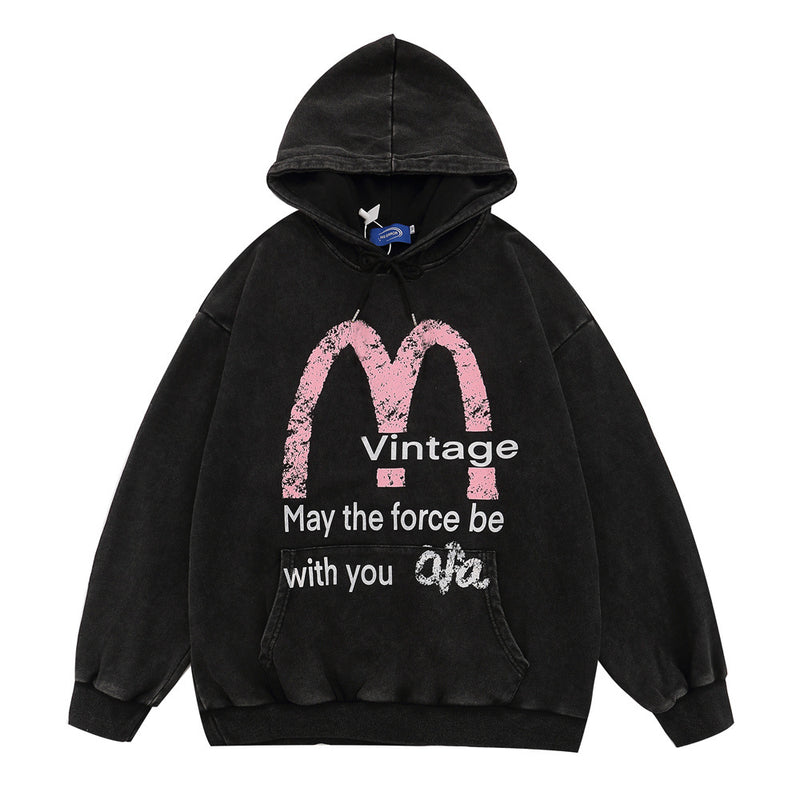 Men Hoodie Worn Looking Washed-out Letter Hooded Sweater Loose Spring and Autumn
