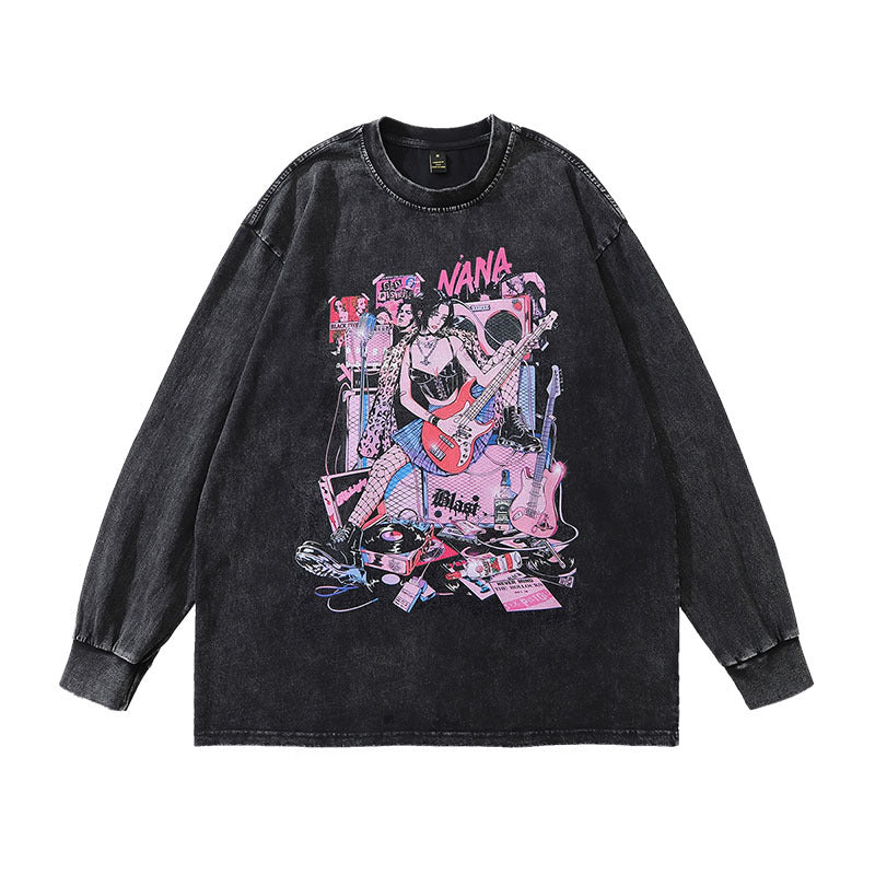 Men Long Sleeve Shirt Printed Heavy Washing Long Sleeve T-shirt Men and Women Street Trendy Brand Distressed