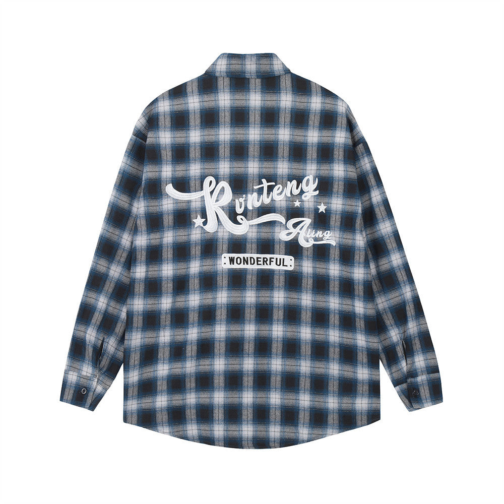 Men Long Sleeved T Shirt Plaid Letters Embroidered Shirt Coat Ins Leisure Cargo