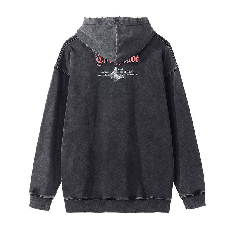 Men Hoodie Worn Looking Washed-out Hooded Pullover Hip Hop Side Seam Sidekick Worn Hoodie