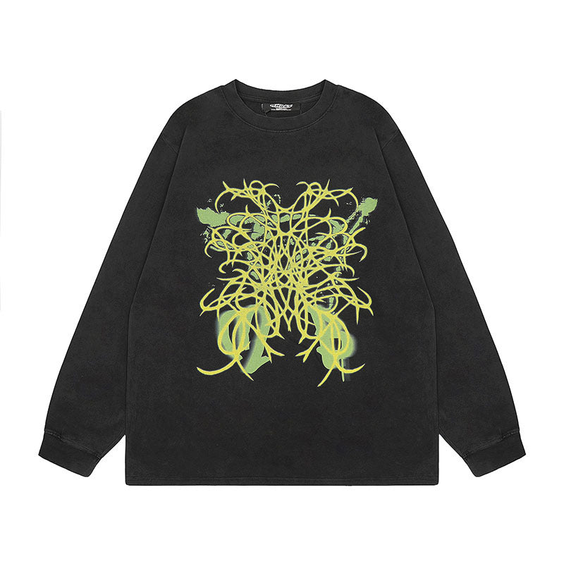 Men Long Sleeve Shirt Vintage Retro Dark Printed Washed Bottoming Long Sleeve T-shirt Men and Women