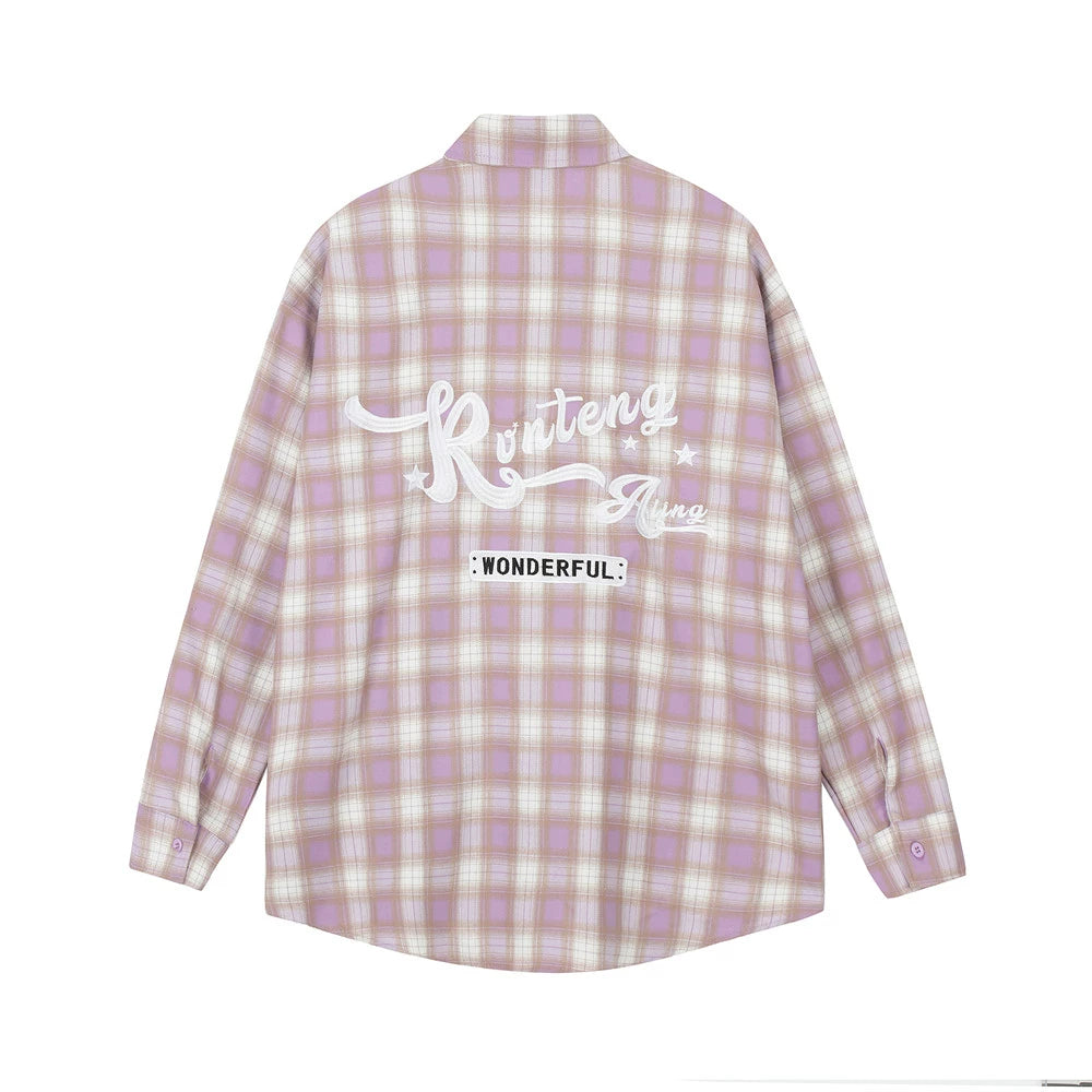 Men Long Sleeved T Shirt Plaid Letters Embroidered Shirt Coat Ins Leisure Cargo