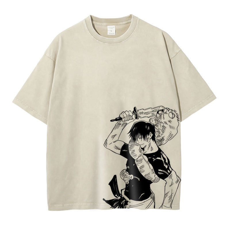 Anime Jujutsu T Shirt Vintage Washed Gojo Saturo T-shirt