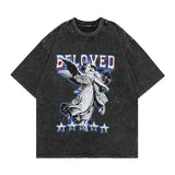 Men's T Shirt Washed Distressed Cross Printed Short-Sleeved T-shirt Men's Loose