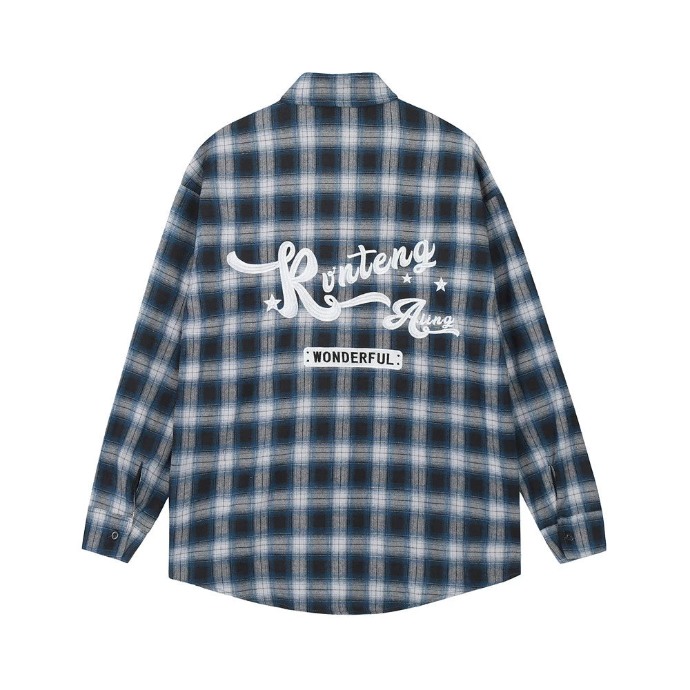 Men Long Sleeved T Shirt Plaid Letters Embroidered Shirt Coat Ins Leisure Cargo
