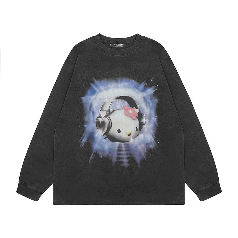 Men Long Sleeve Shirt Vintage Retro Dark Printed Washed Bottoming Long Sleeve T-shirt Men and Women