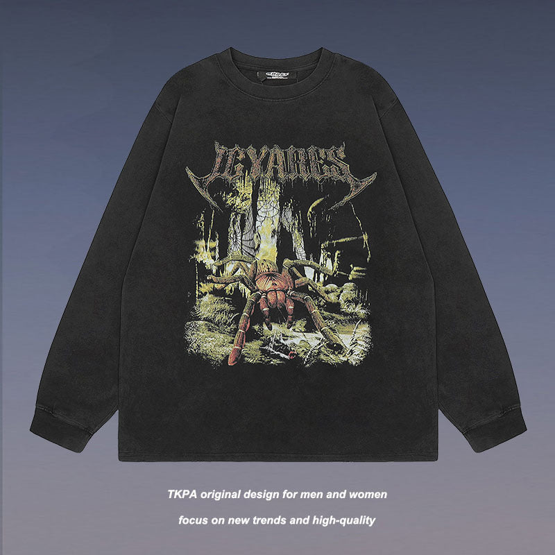 Men Long Sleeve Shirt Vintage Retro Dark Printed Washed Bottoming Long Sleeve T-shirt Men and Women