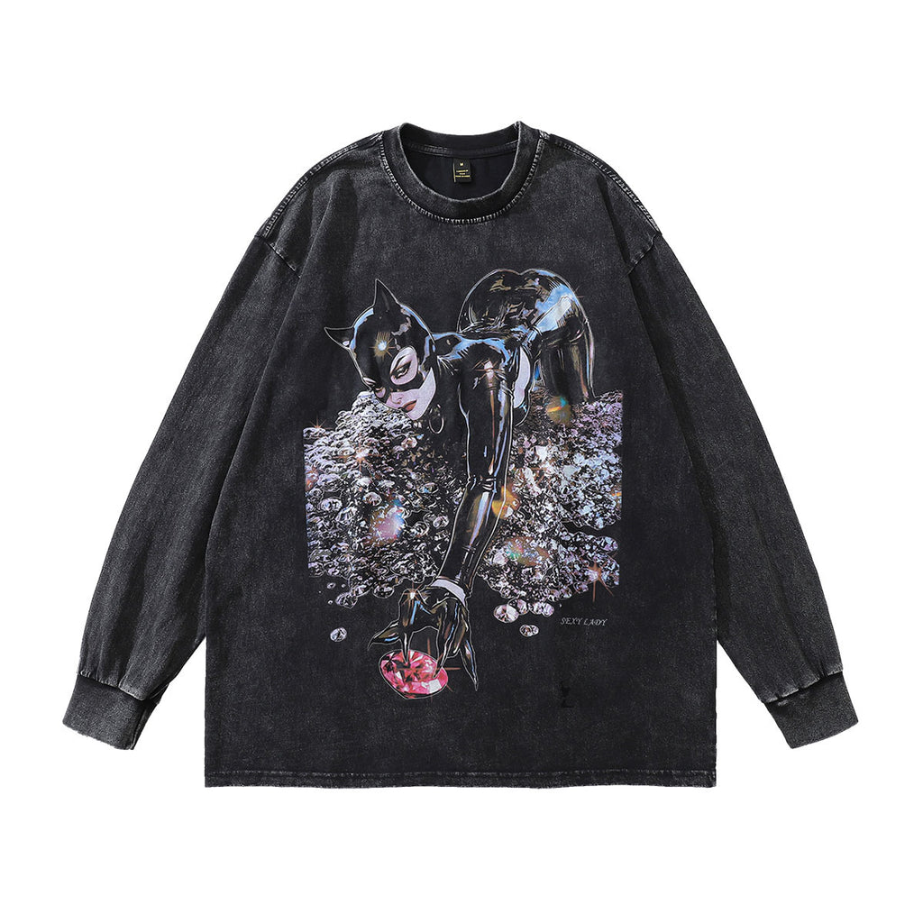 Men Long Sleeve Shirt Printed Heavy Washing Long Sleeve T-shirt Men and Women Street Trendy Brand Distressed