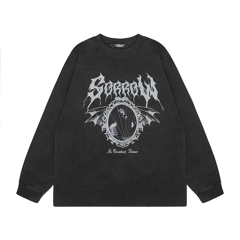Men Long Sleeve Shirt Vintage Retro Dark Printed Washed Bottoming Long Sleeve T-shirt Men and Women