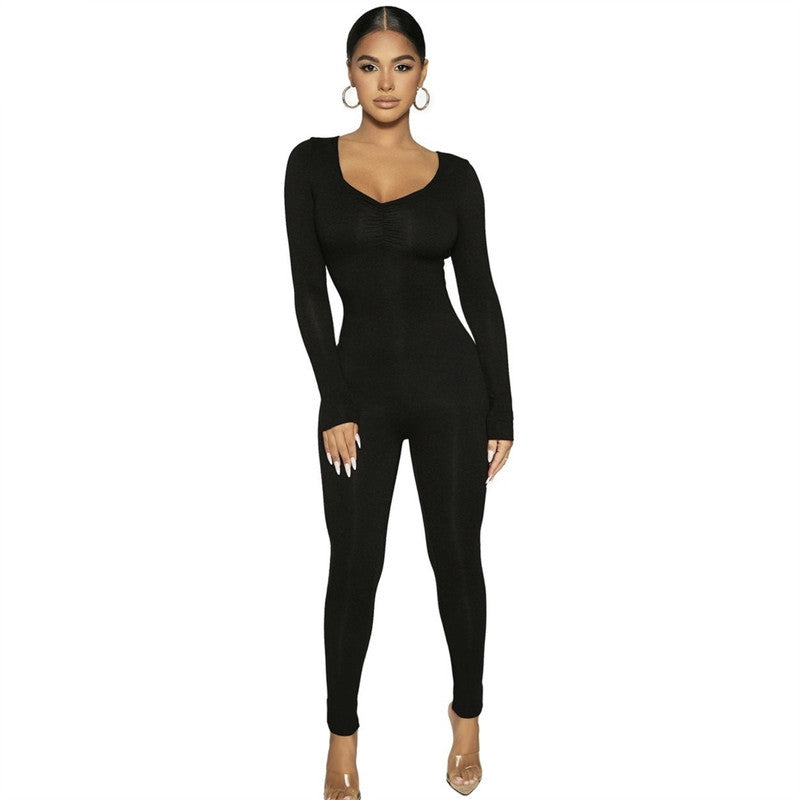 Women Jumpsuit Women's Autumn and Winter Long Sleeve V-neck Tight Trousers