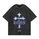 Men's T Shirt Washed Distressed Cross Printed Short-Sleeved T-shirt Men's Loose