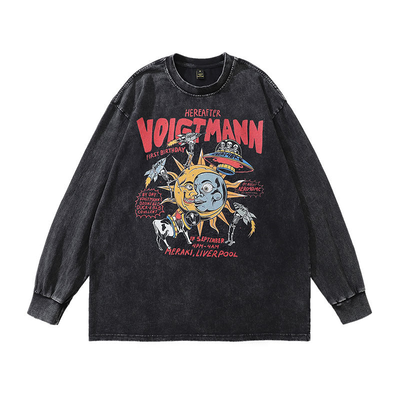 Men Long Sleeve Shirt Printed Heavy Washing Long Sleeve T-shirt Men and Women Street Trendy Brand Distressed