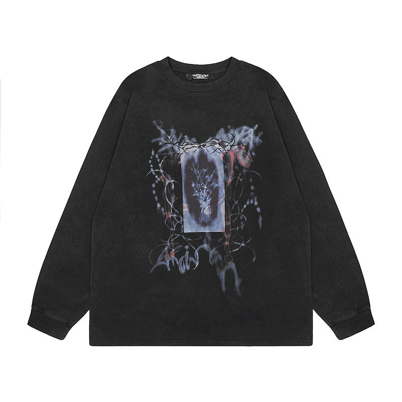 Men Long Sleeve Shirt Vintage Retro Dark Printed Washed Bottoming Long Sleeve T-shirt Men and Women
