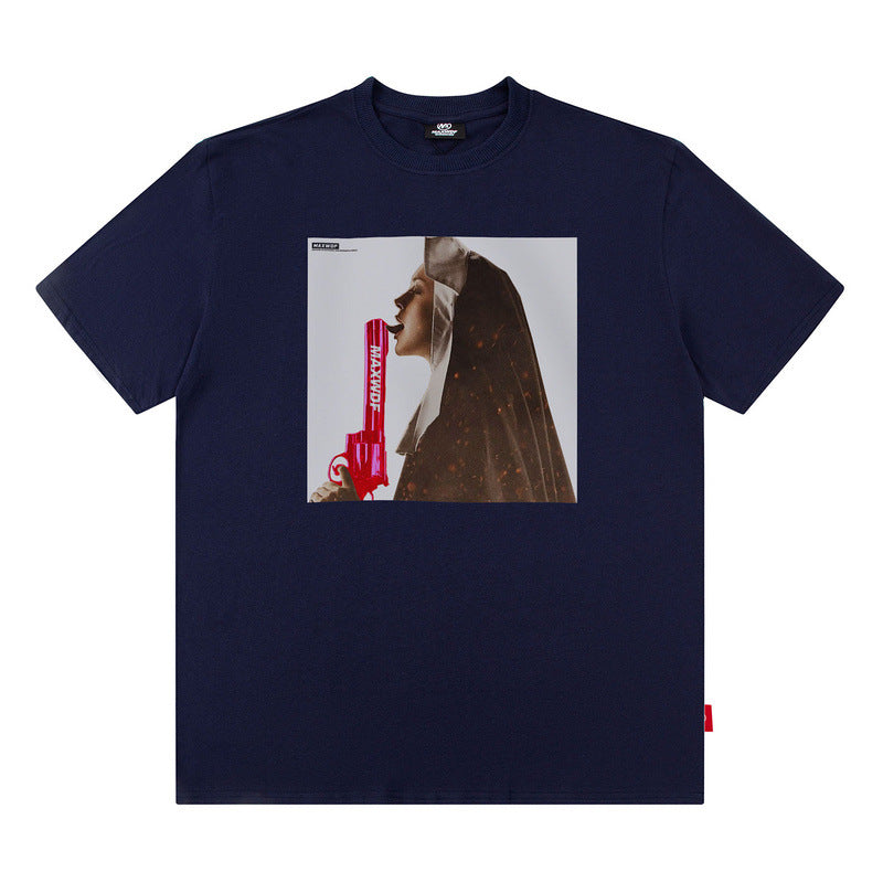 Men T Shirt Loose Short Sleeve T-shirt Male and Female Personality Printed Cotton round Neck