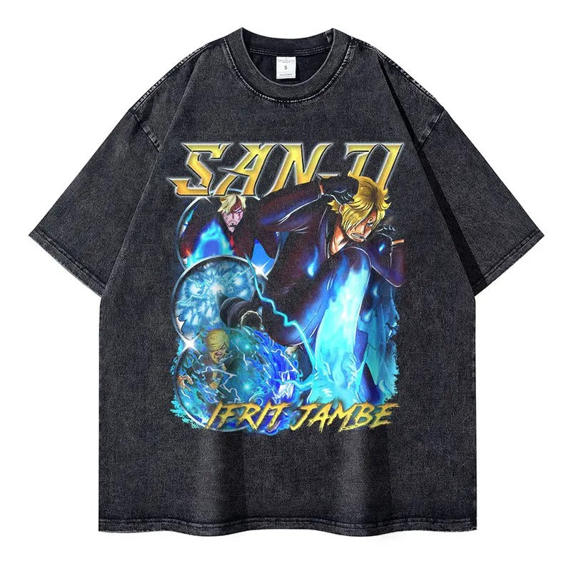 Anime One Piece T-shirts Streetwear Vintage Washed Luffy