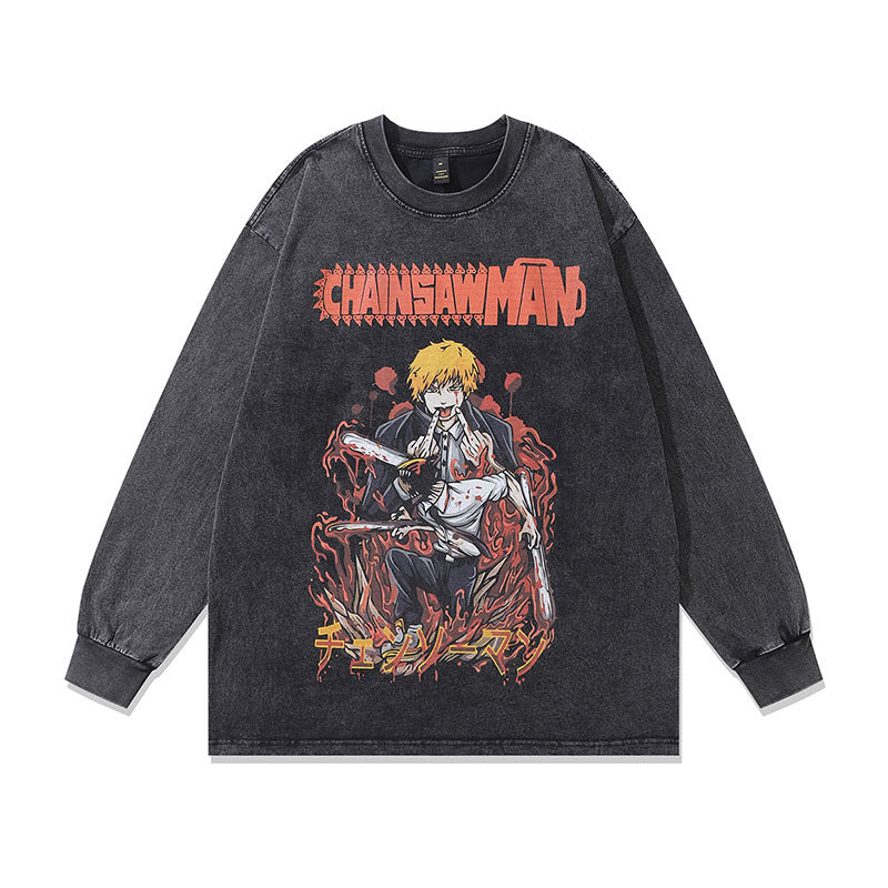 Men Long Sleeve Shirt Printed Vintage Long Sleeve T-shirt Men and Women Street Washed Distressed