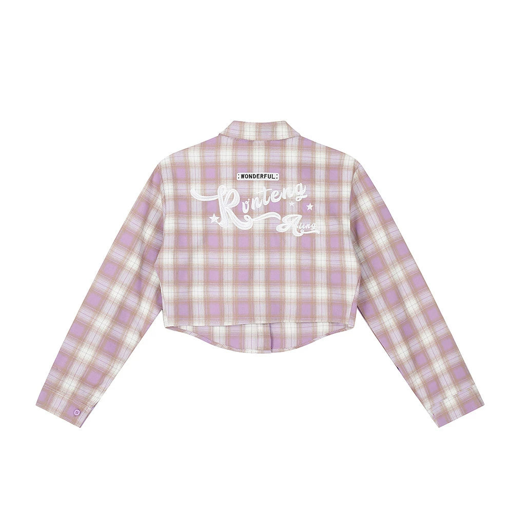 Men Long Sleeved T Shirt Plaid Letters Embroidered Shirt Coat Ins Leisure Cargo