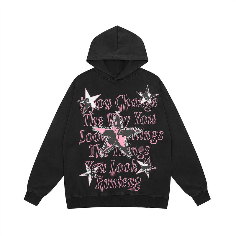 Men Hoodie XINGX Letter Print Sweatshirt Men's Hip Hop Rock Wash Pullover Hoodie