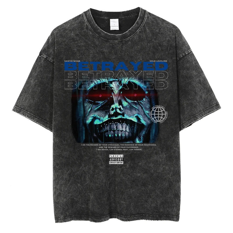 2024Harajuku Streetwear Men Washed Black T-Shirt Anime