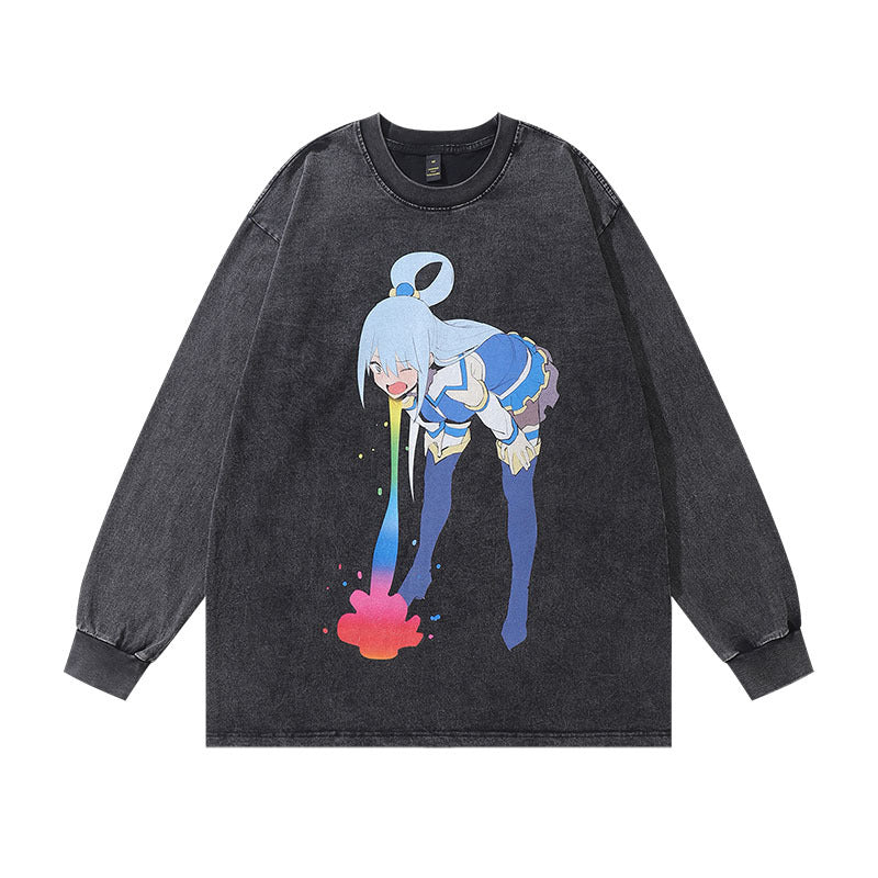 Men Long Sleeve Shirt Printed Vintage Long Sleeve T-shirt Men and Women Street Washed Distressed