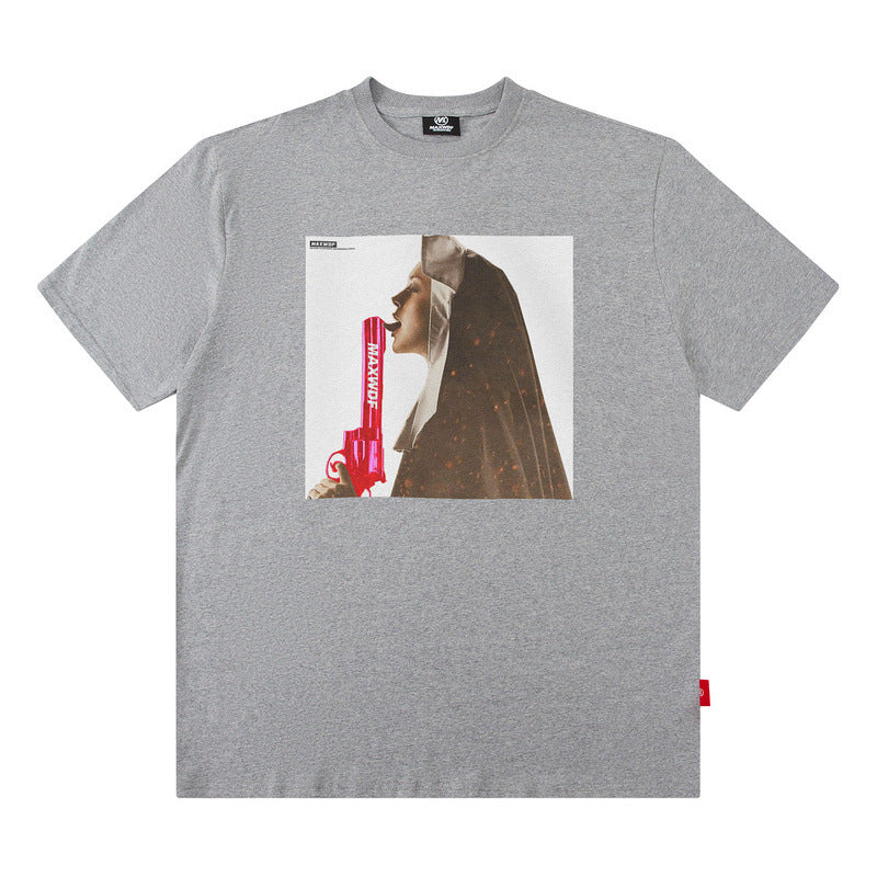 Men T Shirt Loose Short Sleeve T-shirt Male and Female Personality Printed Cotton round Neck