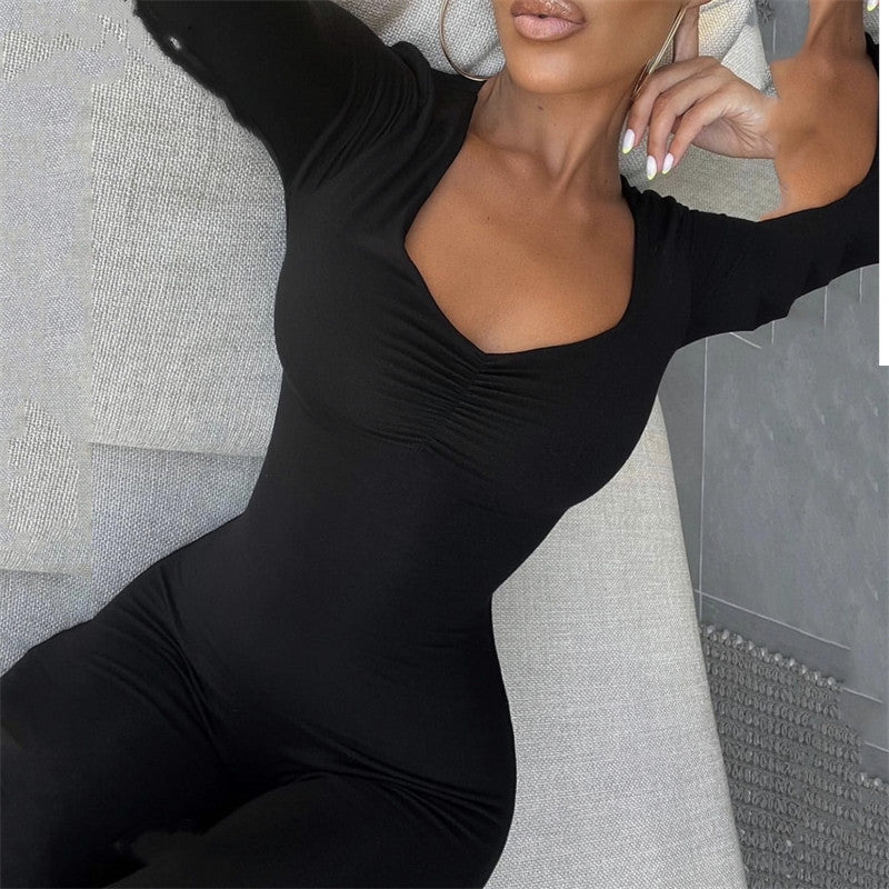 Women Jumpsuit Women's Autumn and Winter Long Sleeve V-neck Tight Trousers