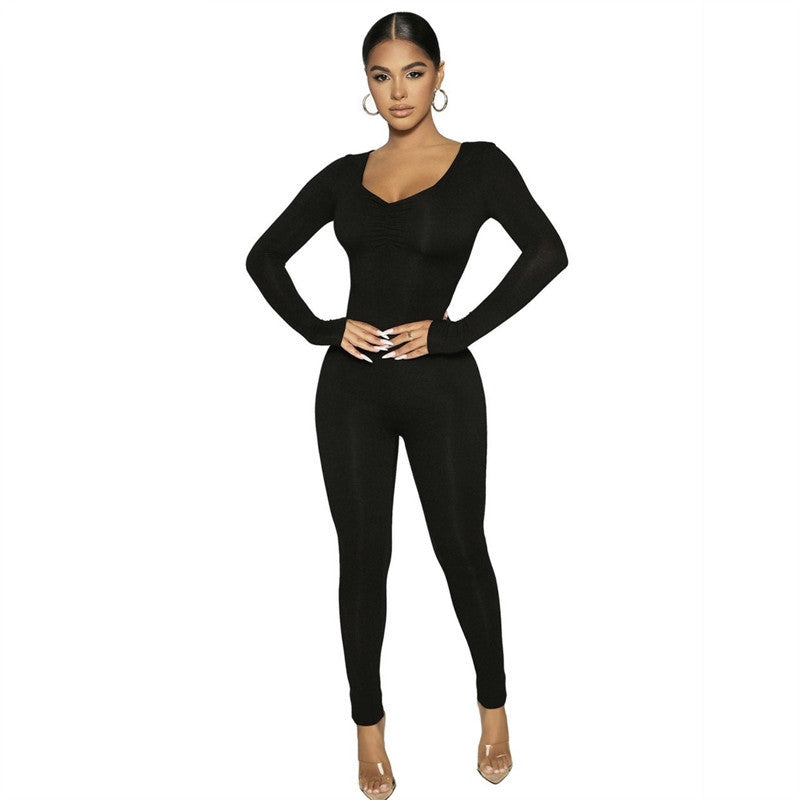 Women Jumpsuit Women's Autumn and Winter Long Sleeve V-neck Tight Trousers