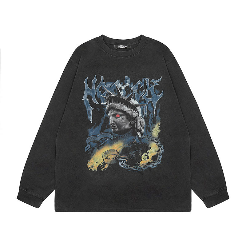 Men Long Sleeve Shirt Vintage Printed Wash Long Sleeve Bottoming T-shirt Men and Women All-Matching Top