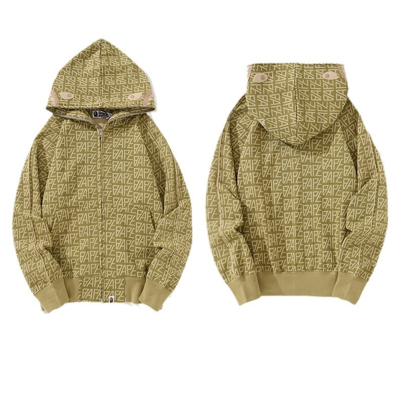 Bathing Ape Hoodie Shark Jacket Men's Autumn and Winter Cardigan Zip Khaki Hooded Sweater