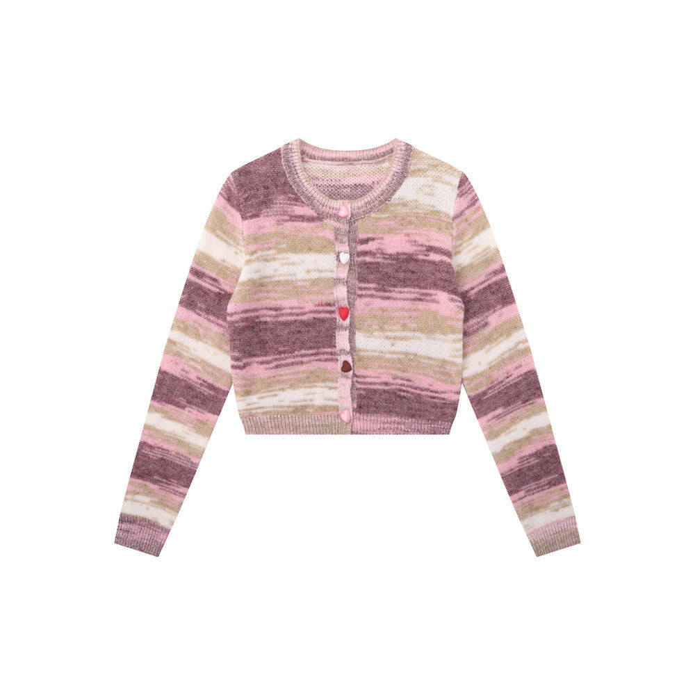 Women Sweater Mixed Color Stripe Cardigan Girls Spring and Autumn Leisure Top